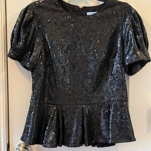 Antonio Melani Black Sequin Peplum Top Size 12 Puff Sleeve Party Holiday
